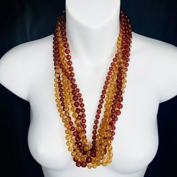 Vintage Chunky Amber Yellow Lucite Multi Strand Beaded Necklace Dome Box Clasp - Picture 5 of 16